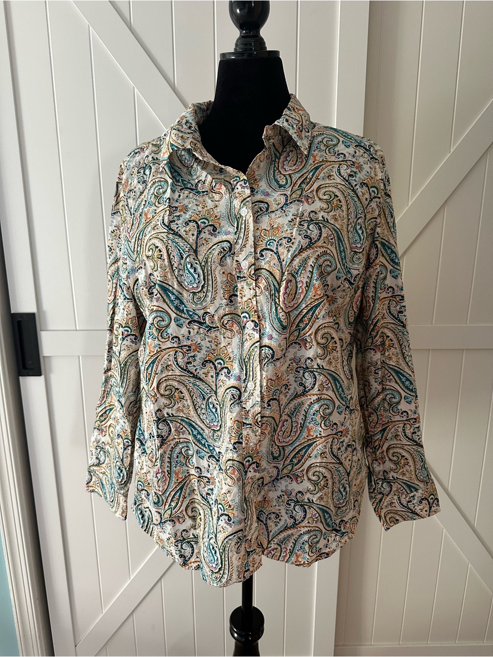 Talbots Women’s XL Paisley Button Front Cotton Blouse Teal Pink Tan